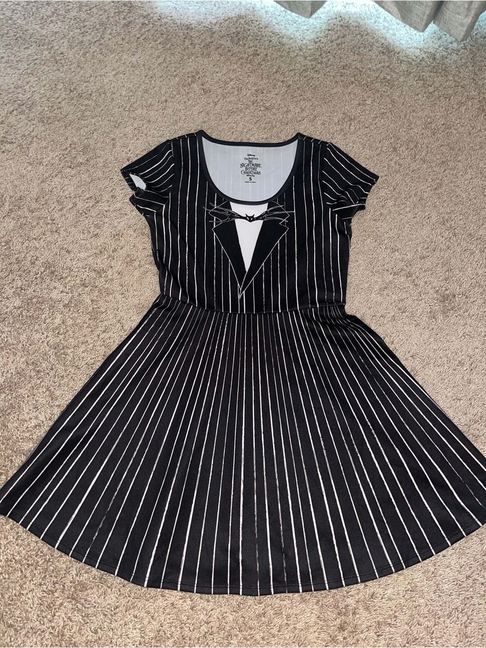 Women’s Black Pinstripe Skater Dress with Tuxedo Print